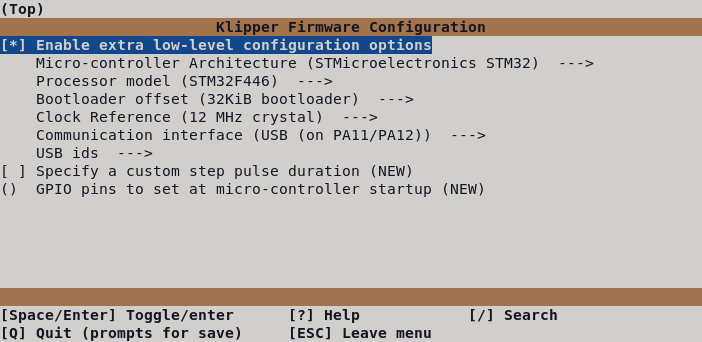 Klipper compilation config menu